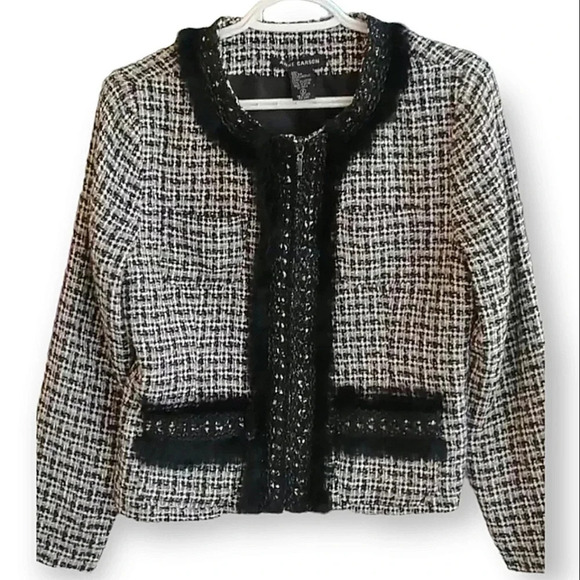 Anne Carson Silk Tweed Collarless Blazer with Faux Fur and Patch Pockets Small - Picture 1 of 13